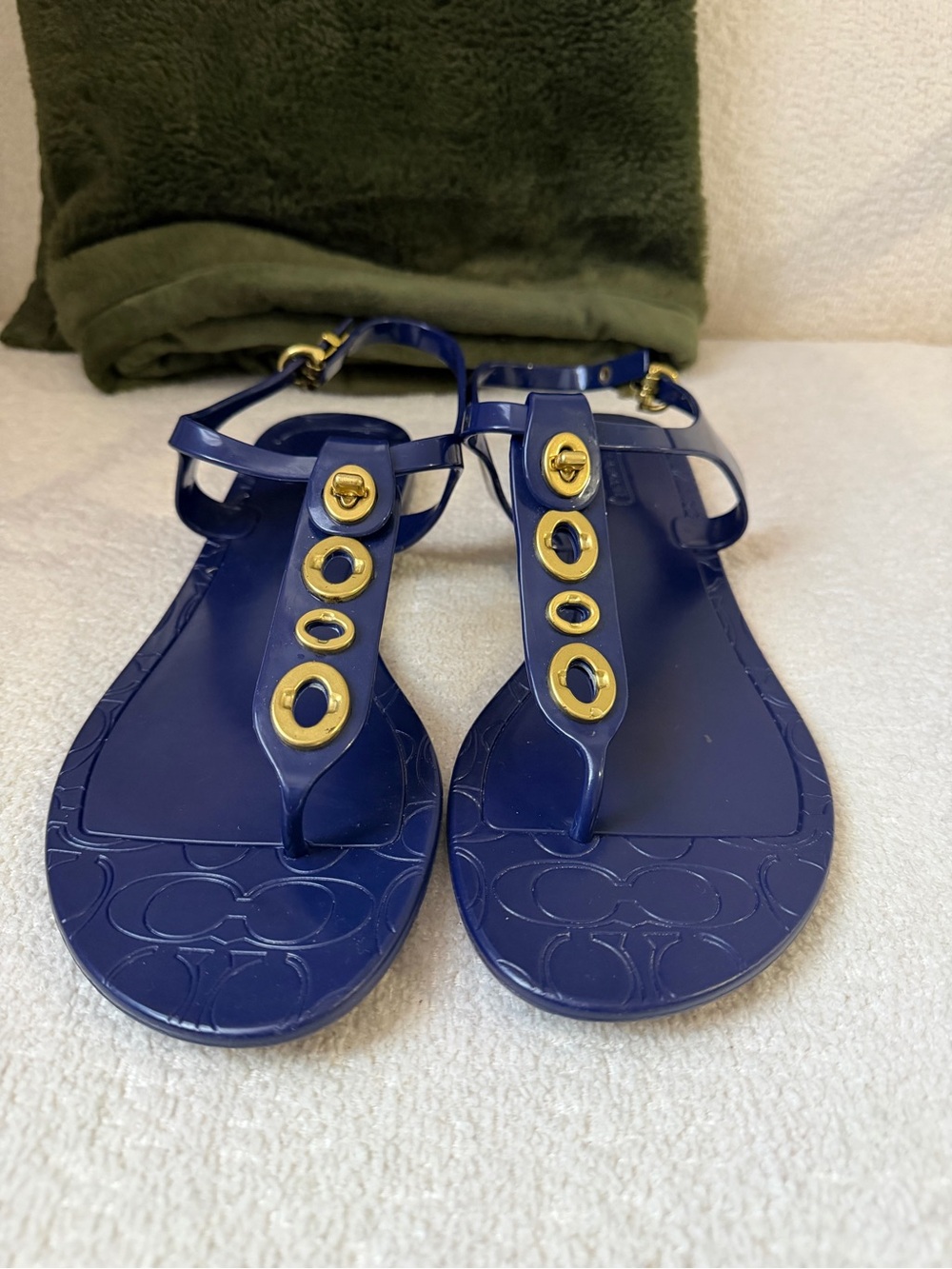 Coach Navy Blue Jelly T-Strap Sandals with Gold-Tone Grommets